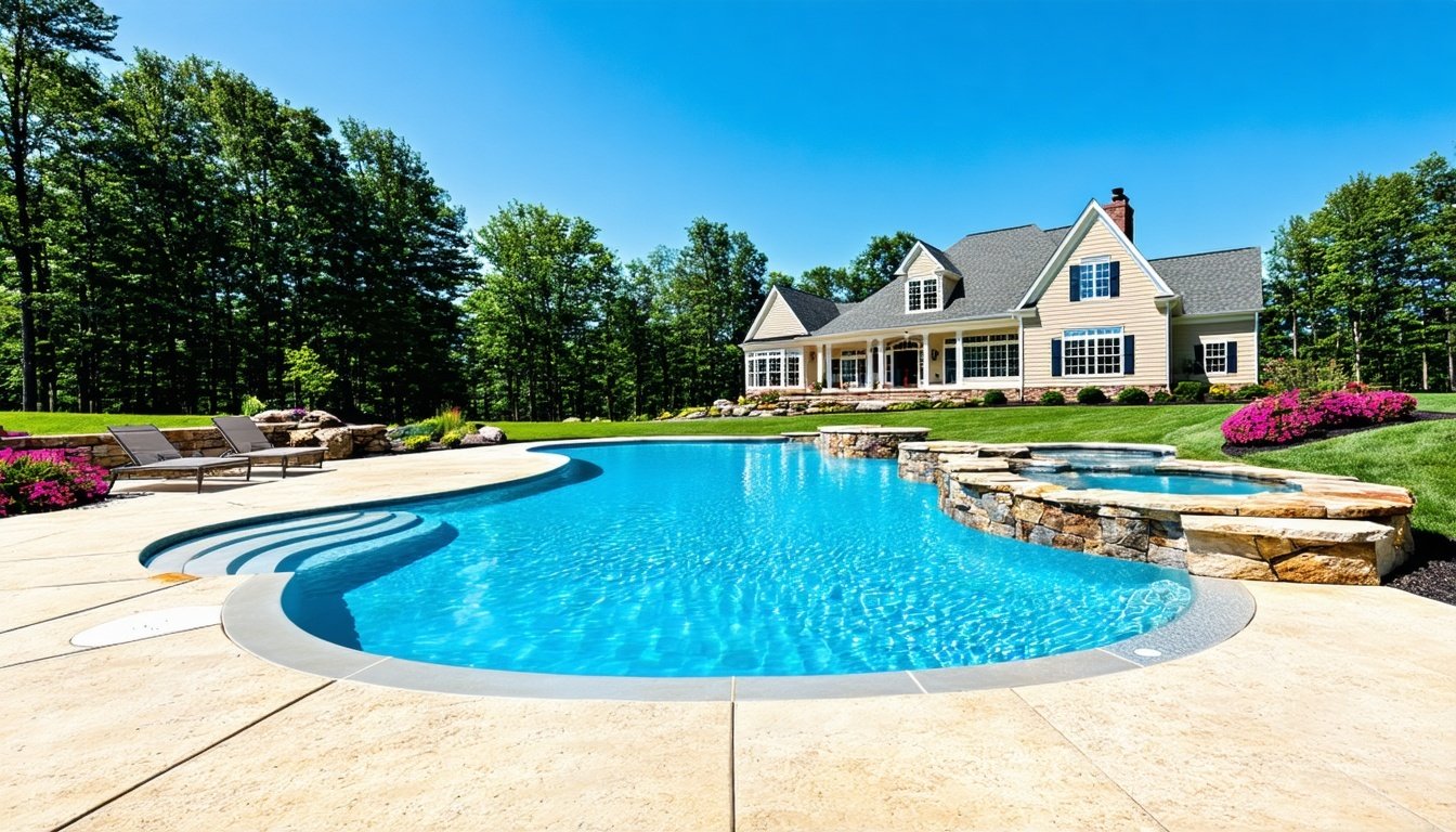 Luxurious residential fiberglass pool installation by Sunrise Pools.